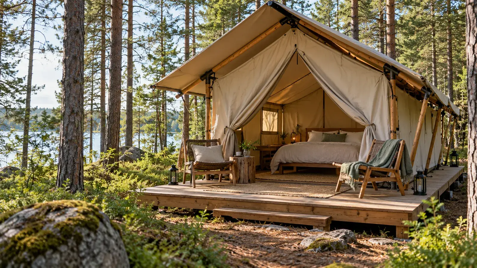 Сафари-тент с готовой кроватью и террасой в сосновом лесу — тематическая иллюстрация ИИ