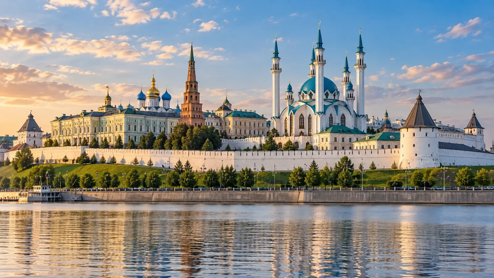 Иллюстрация панорамы Казанского Кремля с голубыми куполами Кул Шариф