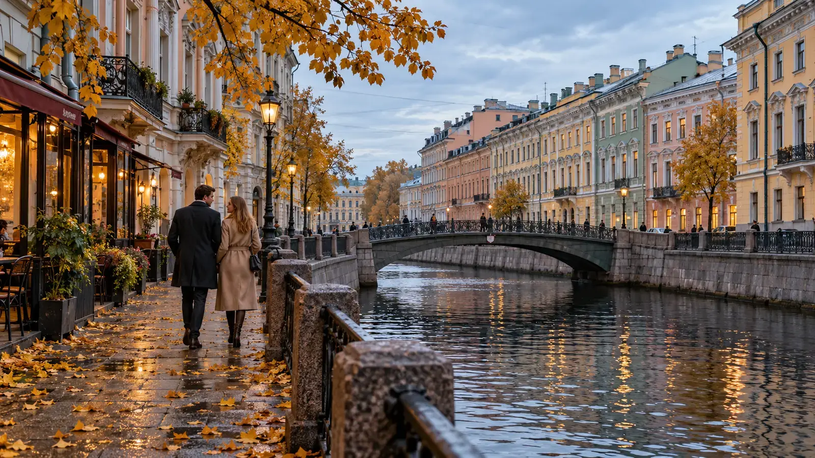 Осенняя прогулка у петербургского канала — тематическая иллюстрация ИИ